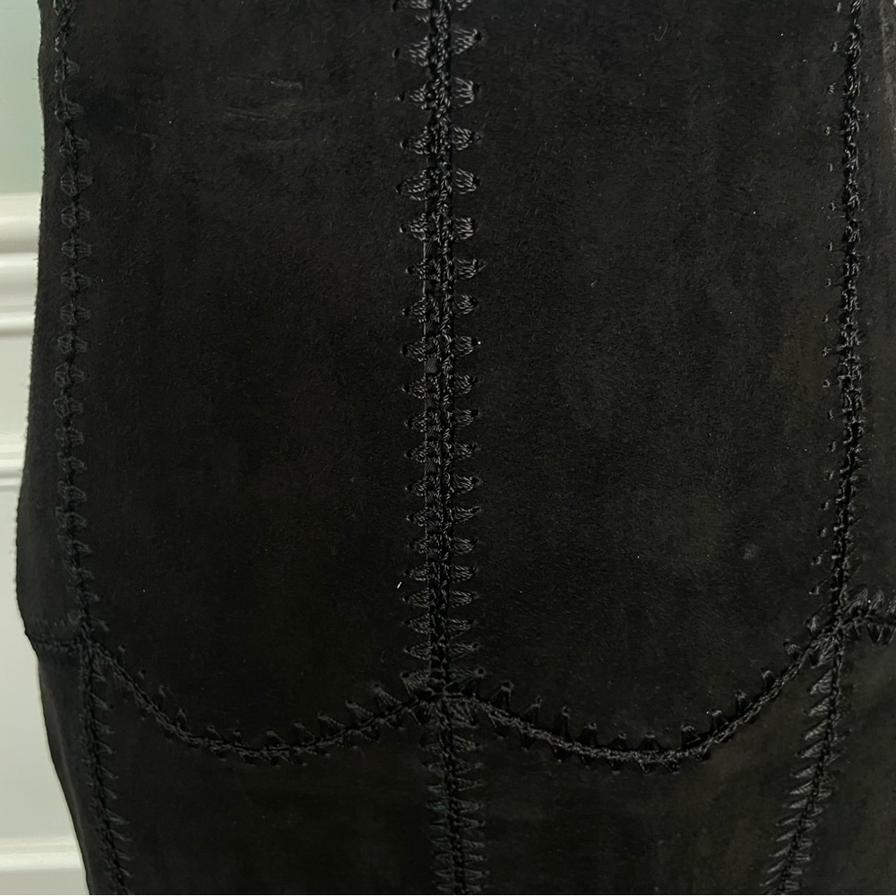 AREA “VTG” Black Suede Patchwork Whipstitch Crochet Midi Skirt Size 12 - Picture 4 of 11